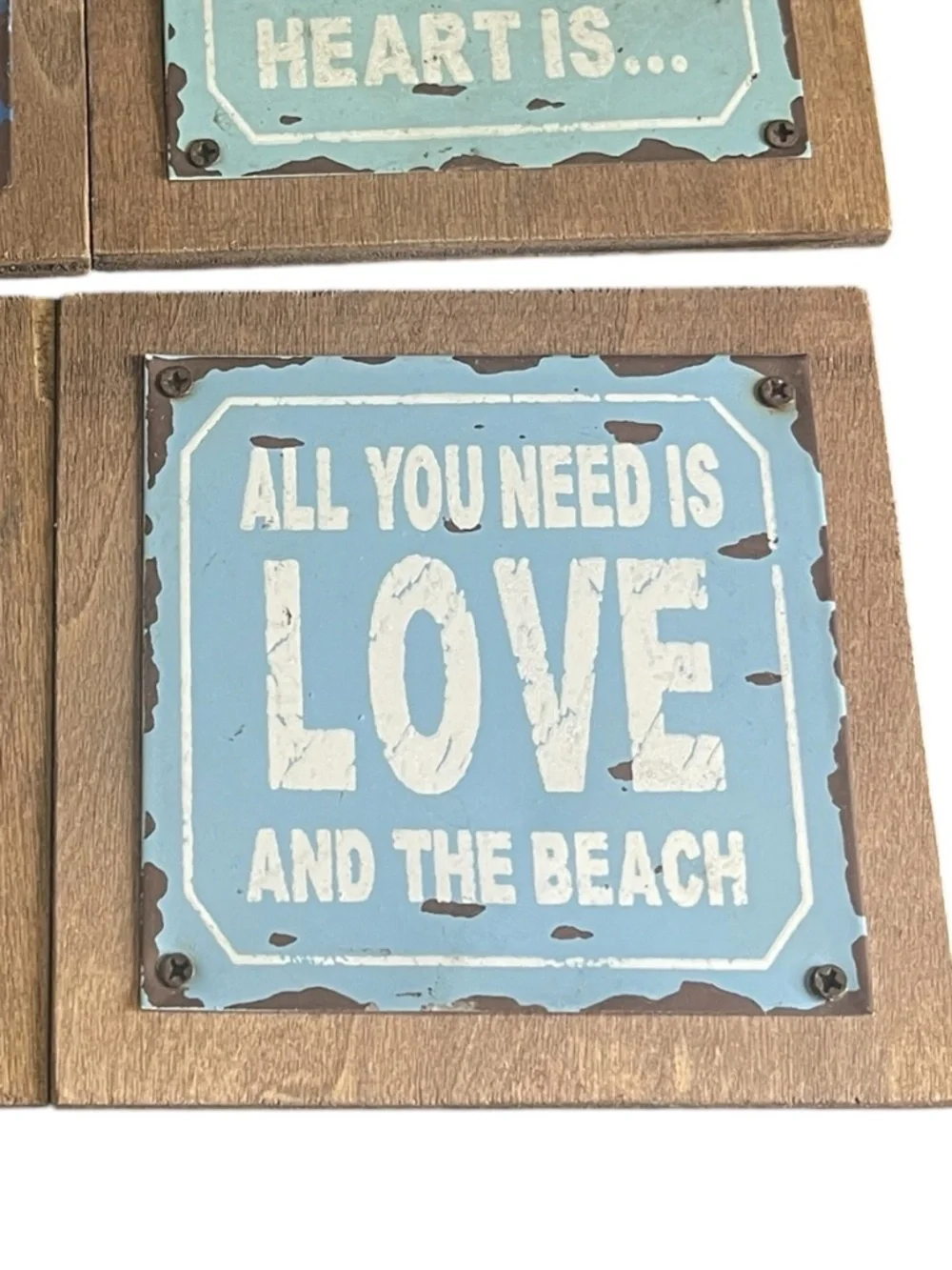 Beach Life Set of 4 Rustic Wood and Tin Coasters Sand Salt Sun Summer